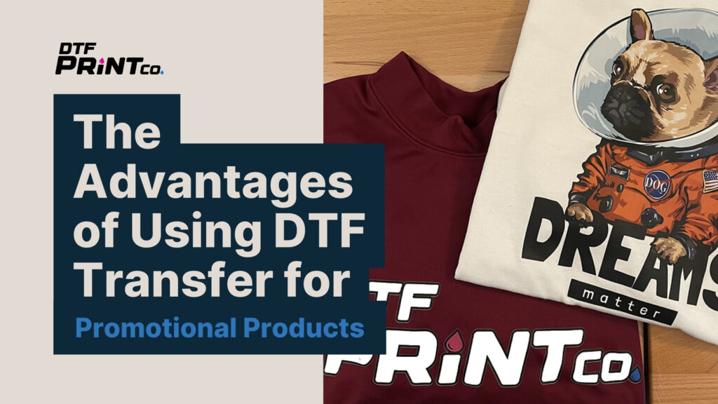 A collection of promotional products with vibrant DTF transfer prints, including T-shirts, tote bags, and caps.