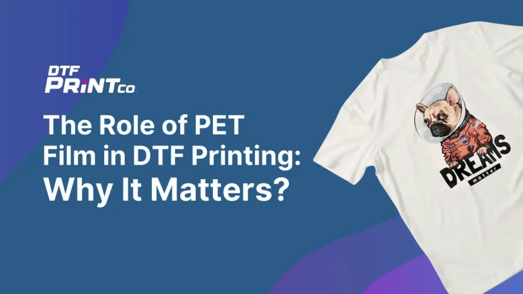 An image showing a sheet of PET film loaded with a colorful design, ready for transfer onto fabric as part of the DTF printing process, with a heat press machine in the background.