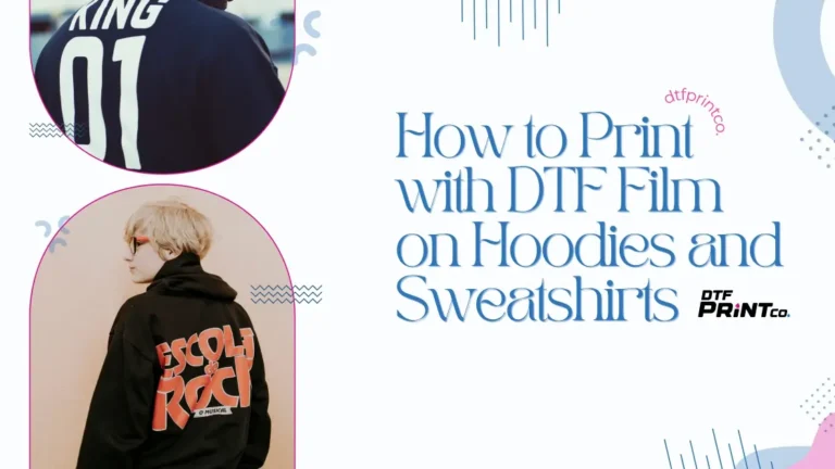 DTF printing process on a black hoodie showing film transfer and heat press